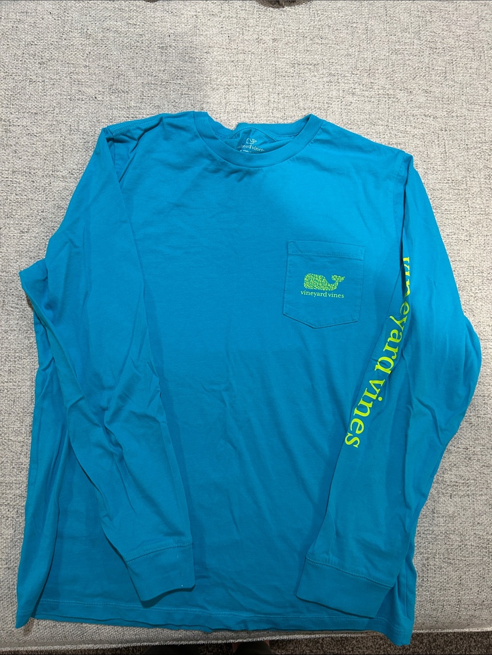 Vineyard Vines boys Long-Sleeve Pocket Tee in Bright Teal with Lime Logo